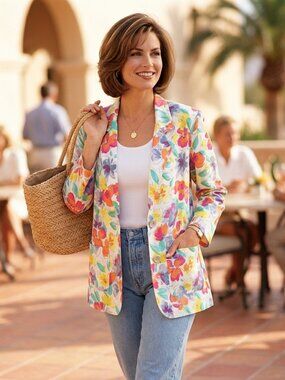 Michelle Stuart Womens 7/8 Blazer Multicolor Floral Cotton Iconic Jacket Boho